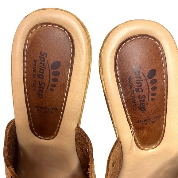 SPRING STEP Nava Wedge Sandals 40 Tan Nubuck Leather Slide Scalloped Cutout Cork - Picture 9 of 9